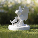 Memorial Stone dog with angel, ø 12 × 14 cm, white