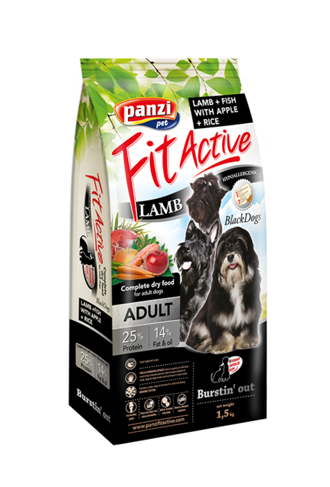Saco Perro Perros Negros Cordero, Manzana, Arroz, Pescado, PANZI, 1,5 kg