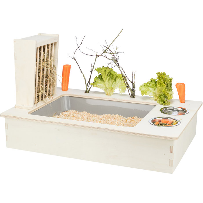 Feeding station with bowls/hay manger, wood, 70 × 41 × 47 cm