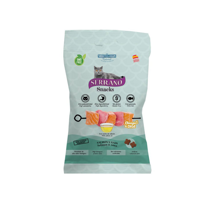 Serrano Snacks para Gatos, MEDITERRANEAN, Salmón Omega 3+ DHA, 50 g