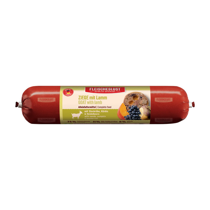 Salchicha de Cabra con Cordero, colinabo, calabaza y arándanos, 800 g