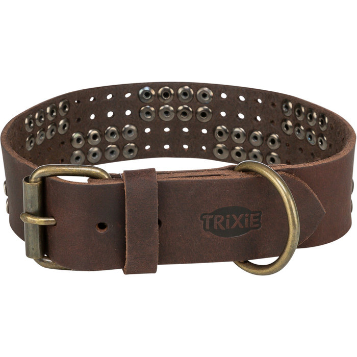 Rustic Collar de piel engrasada Remaches, extra ancho, XL, 55–65 cm\/40 mm, marrón oscuro